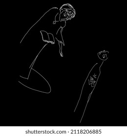 Two fantastic characters. Christian monk tempted by a woman. Temptation of Saint Anthony. Illustration to Viy by Nikolai Gogol. White silhouette on black background.