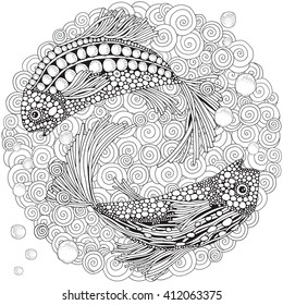 Two fantastic fish swim in the sea bottom. Coloring book page for adult. Zen art.  Hand-drawn, floral, doodle, vector, zentangle design elements. Black and white.