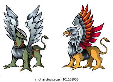 Two fantastic griffins, in armor, with metal wings, vector illustration