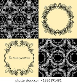 Two fantastic seamless patterns of openwork ornament on a black background