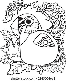 Dos pájaros de fantasía sobre el patrón botánico de fondo de dibujos a mano de doodle coloreado arte para páginas de coloreo preescolar, páginas de dibujos animados de pájaros, patrón, fondo, papel pintado, arte clip, decoración, postal.