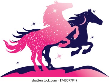 two fantasy horses, pink and blue. Night and morning