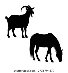 Two farm animals a standing goat with horns and a grazing horse with a long mane are silhouetted in black on a white background