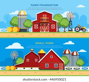 Two farm flat horizontal banners with farm foundation and small farm icons collections on countryside background flat vector illustration