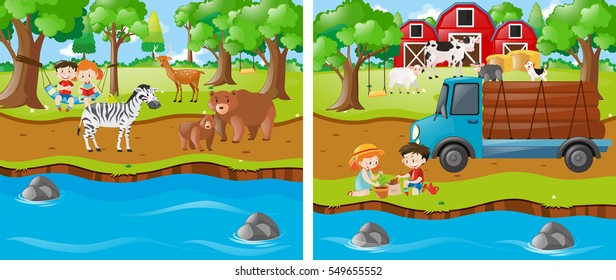 Two farm scenes with kids and animals illustration