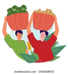 dos granjeros traen verdura de cesta cosechada en la cabeza con ilustración de diseño vectorial de estilo caricatura plana