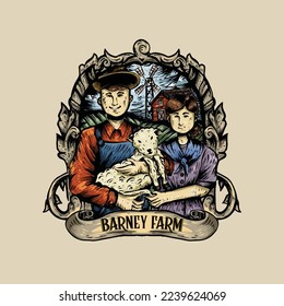 Two Farmer holding sheep with vintage style logo