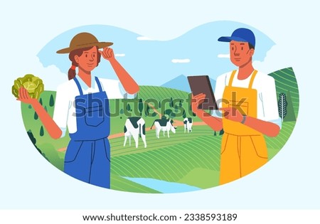 Two farmer man and woman using technology and tablet for their farm, modern agriculture concept banner