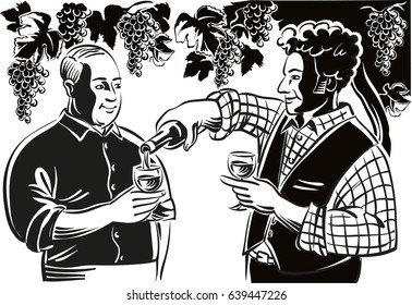 Two farmers in a break of the harvest, are allowed a glass of good red wine, in the cool shade of a pergola full of black grapes ripen.