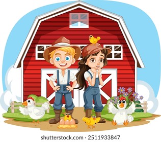 Two farmers with chickens and barn