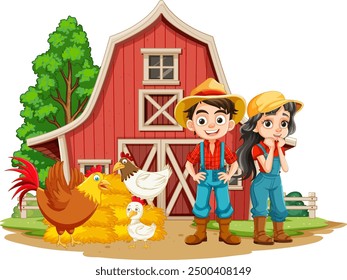 Two farmers with chickens near a barn