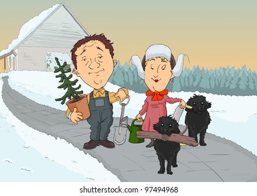 Two farmers with two dogs and tools go to work
