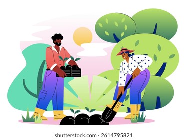 Two farmers planting seedlings in soil with trees and sun in background, flat graphic style, outdoor nature scene, concept of teamwork and sustainable farming. Vector illustration
