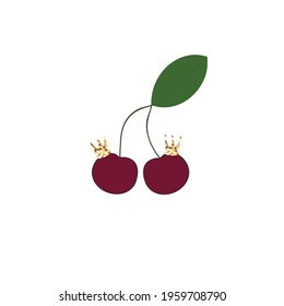 Two fashion cherries king and queen with golden crowns. Modern fashionable template for design.