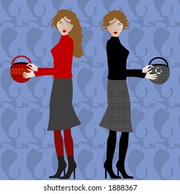 two fashion gals with purses in hands