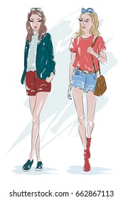 Two Fashion Girl: Blonde And Brunette Girls. Hand Drawn Women With Accessories. Sketch. Vector Illustration.
