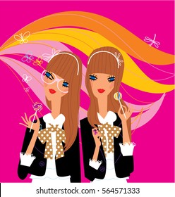 Two fashion girl holding lollypops. Vector illustration.