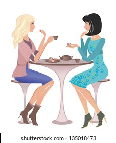 Two fashion girls at a cafe talking and looking on each other. Vector