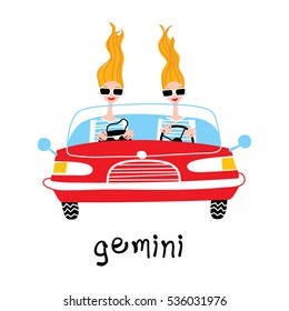 Two fashion girls driving a retro. Gemini woman horoscope sign. Vector illustration.