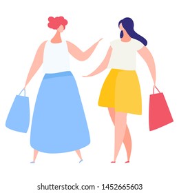 Two fashion girls with shopping bags talking, best friends wearing casual colorful clothes, skirts walking together, talking, gossiping, flat style vector illustration