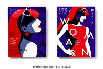 Two fashion magazine cover designs.  Abstract portraits of young woman, profile face. Text, dark blue background. Vector illustration