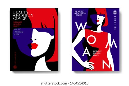 Two fashion magazine cover designs.  Abstract portraits of young woman, full face. Text, dark background. Vector illustration