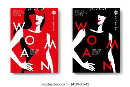 Two fashion magazine cover designs, red and black variants. Abstract female character. Big letters, text, monochrome background. Vector illustration