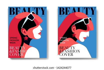 Two fashion magazine cover designs. Abstract portraits of young women, side view. Long hair, sunglasses, looking up and down. Text, blue background. Vector illustration