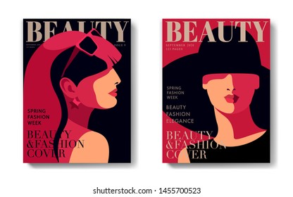 Two fashion magazine cover designs. Abstract woman close-up portraits, front view and side view. Vector illustration