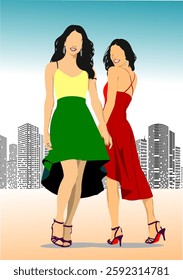 Two fashion models are posing together in front of a city skyline, showcasing their elegant dresses and high heels. Hand drawn illustration