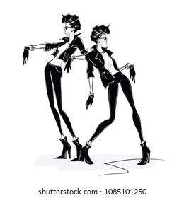 Two fashion women in sketch style. Vector illustration.