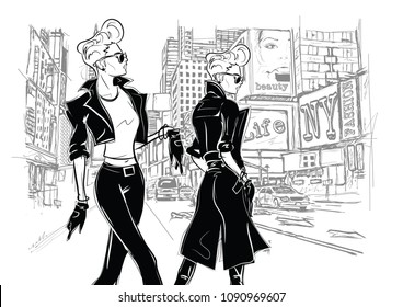 Two fashion women in sketch style in New York. Vector illustration.