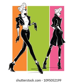 Two fashion women in sketch style. Vector illustration.