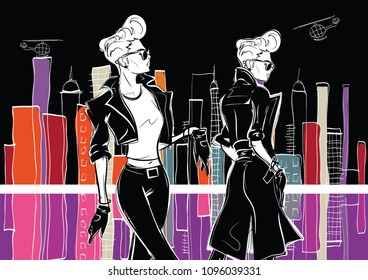Two fashion women in sketch style. Vector illustration.