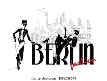 Two fashion women in sketch style in Berlin. Vector illustration.