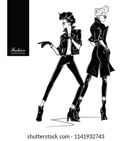 Two fashion women in sketch style. Vector illustration.