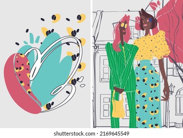 Two fashionable African-American girls on the background of a city street. Set of stylish posters with fashionistas and abstract background. Street fashion girl. Magazine vector illustration.