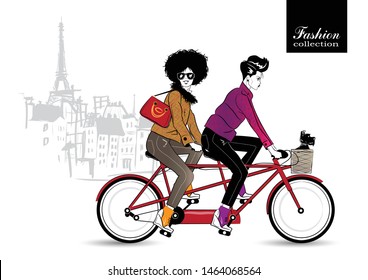 Two fashionable girls on a bicycle. Vector illustration.