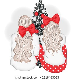 Two fashionable girls on Christmas Eve with a Christmas tree, trendy vector illustration