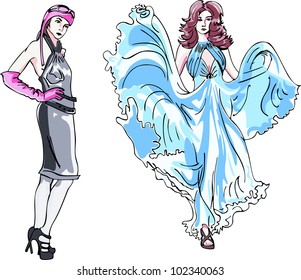 Two fashionable girls. Set of color vector illustrations.