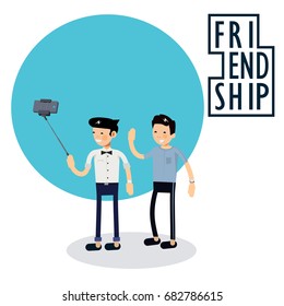 two fashionable guy taking selfie - lettering of the word friendship the concept of a friendship day