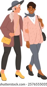 Two fashionable women, one older with gray hair and a hat, and one younger with darker skin, are walking together arm in arm, enjoying a conversation and showcasing their individual styles