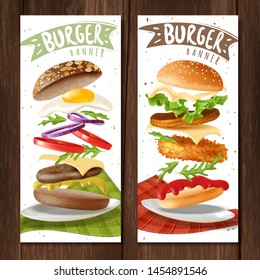 Two fast food burgers vertical banners on wooden surface with hamburgers on a white backgrounds hipster style