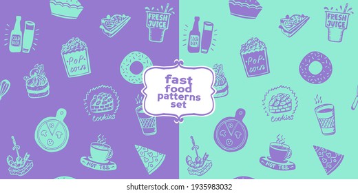 Two fast food seamless patterns with doodle style food symbols - donut, popcorn, pizza, tea, fresh juice, cake, beer, cookies and sandwich elements