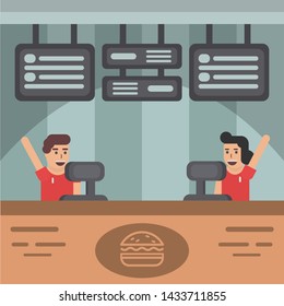 Two fast food workers man and woman with hands rised up ready to take your order. Cashier scene in fast food restaraunt. Vector illustration
