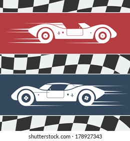 Two Fast Moving Vintage Race Cars On Checkered Flag Background