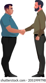 two fat business  men and bearded business men shaking hands  businessmen first meeting greeting with firm handshake flat style character vector illustration isolated on white background