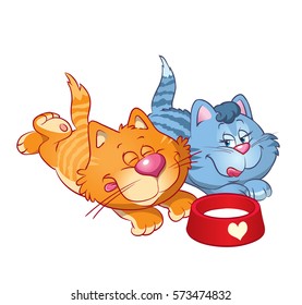 Two fat happy cats lie near the bowl of milk. Isolated. Cartoon vector illustration for greeting, birthday and wedding cards and Valentine's Day