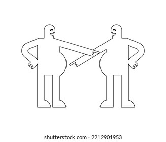 Two fat men laugh at each other and point to their bellies.