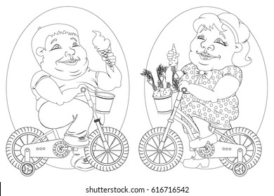 two fat people on bicycles, black and white image
